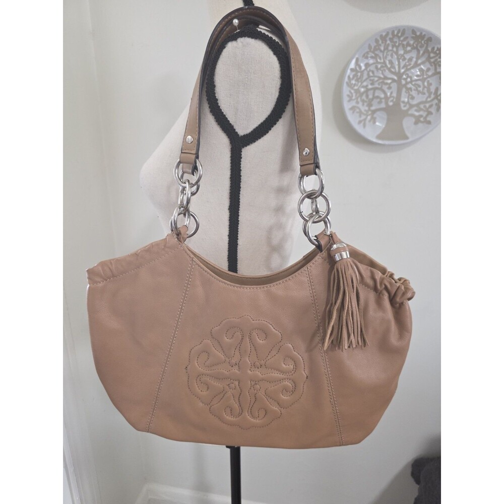Pretty Solina Carmel Leather Hobo Shoulder Bag Purse Embossed Scroll Emblem VguC